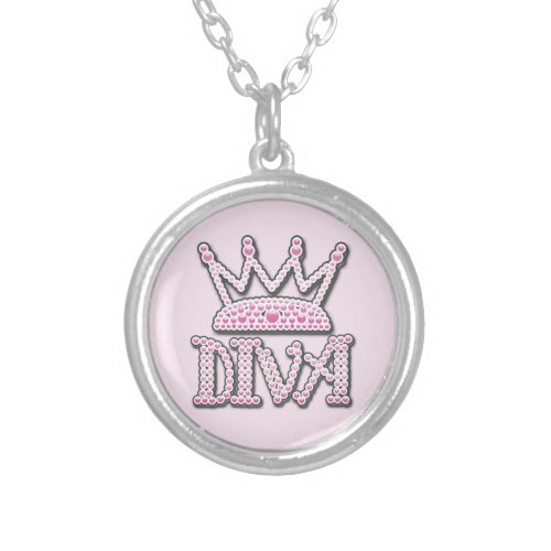 Cute Pink Printed Pearls Diva Crown Silver Plated Necklace