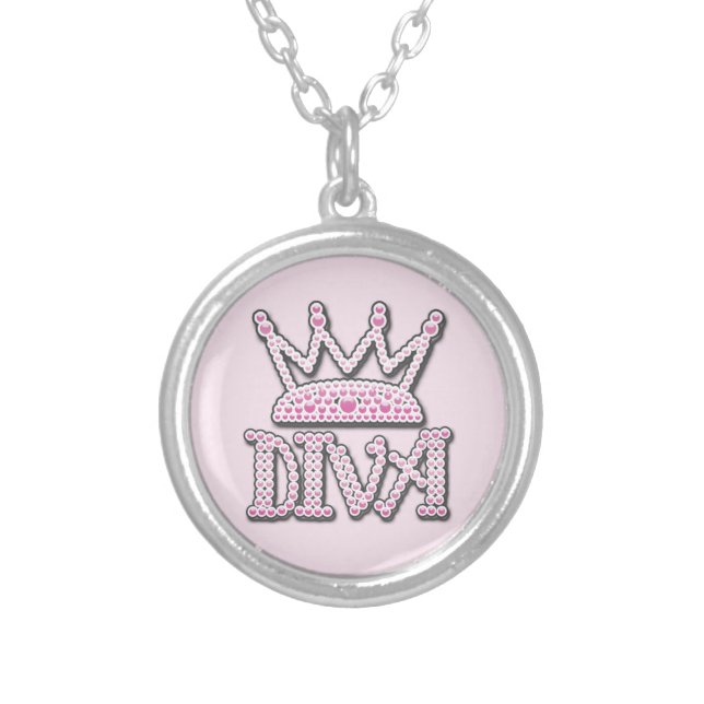 Cute Pink Printed Pearls Diva Crown Silver Plated Necklace (Front)
