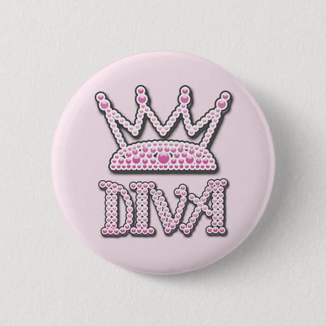 Cute Pink Printed Pearls Diva Princess Crown Pinback Button (Front)