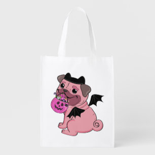 Cute Pink Pug in a Halloween Costume Holding Grocery Bag