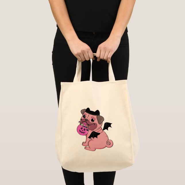 Cute Pink Pug in a Halloween Costume Holding  Tote Bag (Front (Product))