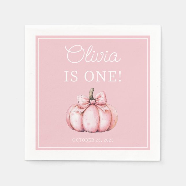 Cute Pink Pumpkin Baby Girl 1st Birthday Napkins (Front)