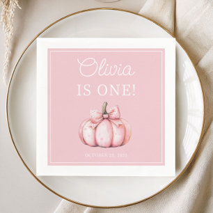 Cute Pink Pumpkin Baby Girl 1st Birthday Napkins