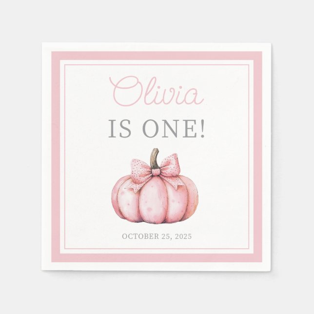 Cute Pink Pumpkin Baby Girl First Birthday Napkins (Front)