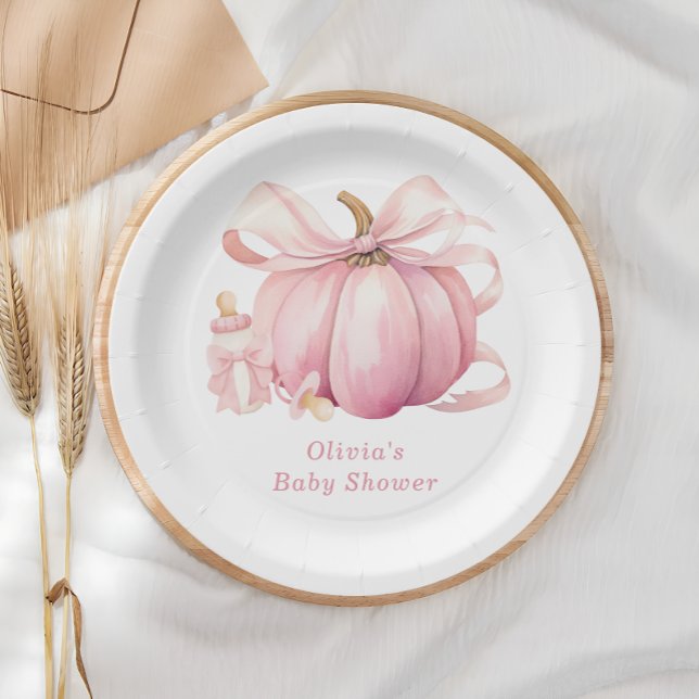 Cute Pink Pumpkin Bow Baby Shower Paper Plates (Creator Uploaded)