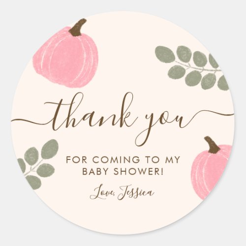 Cute Pink Pumpkin Eucalyptus Baby Shower Thank You Classic Round Sticker