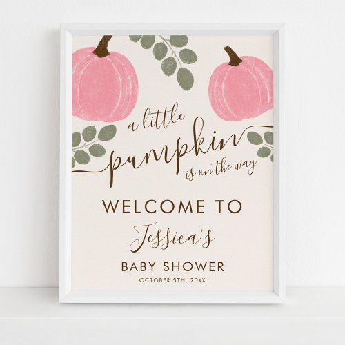 Cute Pink Pumpkin Eucalyptus Baby Shower Welcome Poster