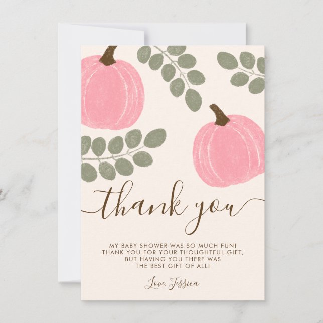 Cute Pink Pumpkin Eucalyptus Fall Baby Shower Thank You Card (Front)