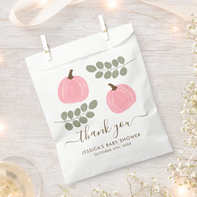 Cute Pink Pumpkin Eucalyptus Fall Girl Baby Shower Favor Bag (Clipped)