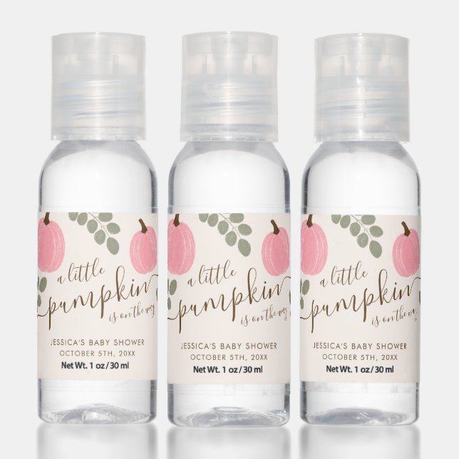 Cute Pink Pumpkin Eucalyptus Fall Girl Baby Shower Hand Sanitizer (Set)