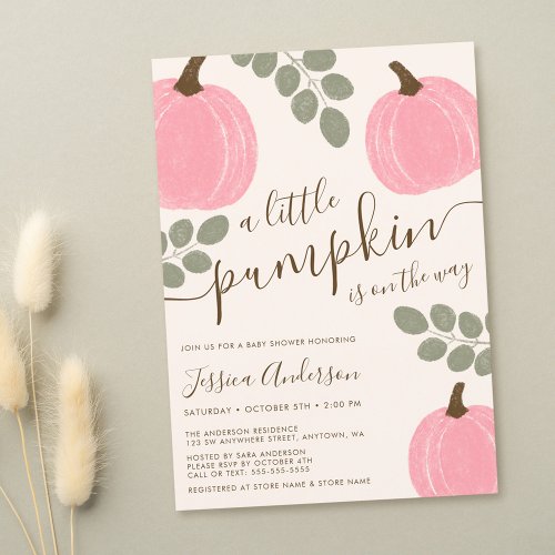 Cute Pink Pumpkin Eucalyptus Fall Girl Baby Shower Invitation