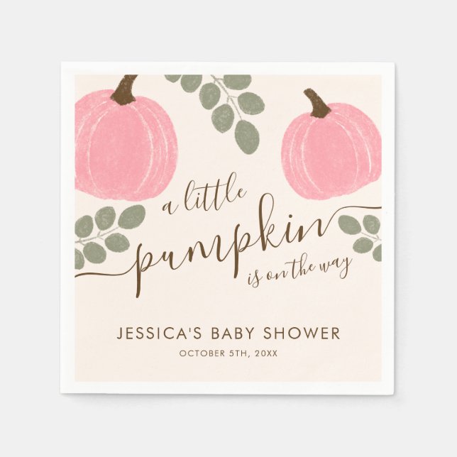 Cute Pink Pumpkin Eucalyptus Fall Girl Baby Shower Napkins (Front)
