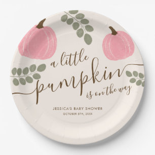 Cute Pink Pumpkin Eucalyptus Fall Girl Baby Shower Paper Plates