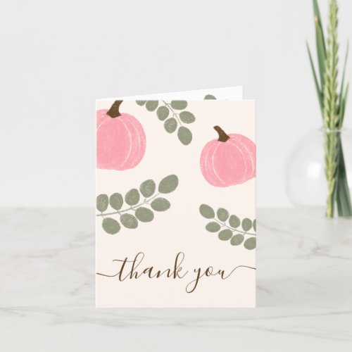 Cute Pink Pumpkin Eucalyptus Fall Girl Baby Shower Thank You Card