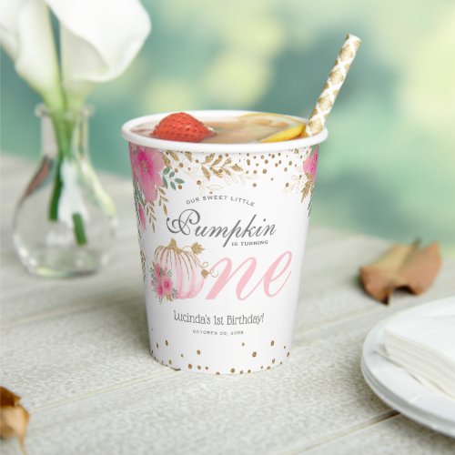 Cute Pink Pumpkin Floral 1st Birthday Paper Cups