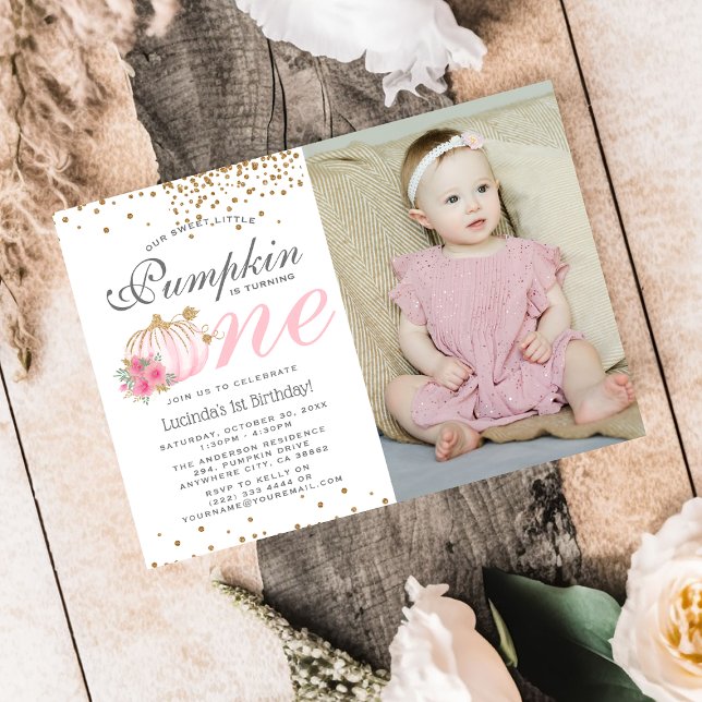 Cute Pink Pumpkin Floral 1st Birthday Photo Invita Invitation (Creator Uploaded)
