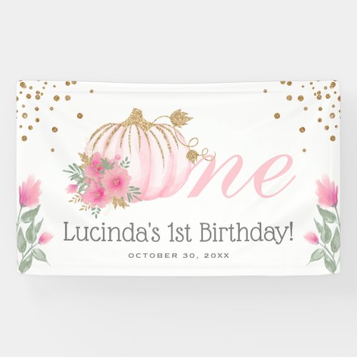 Cute Pink Pumpkin Floral  Gold 1st Birthday Party Banner