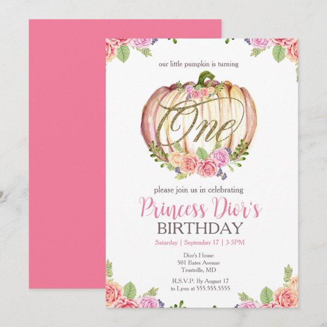 Cute Pink Pumpkin Flower Watercolor 1st Birthday  Invitation (Front/Back)