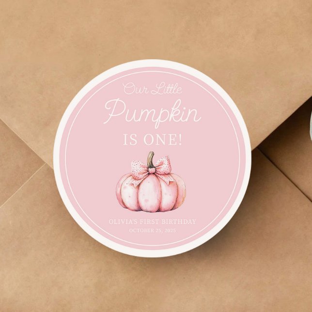 Cute Pink Pumpkin Girl 1st Birthday Classic Round Sticker (Cute Pink Pumpkin Girl 1st Birthday Classic Round Sticker)