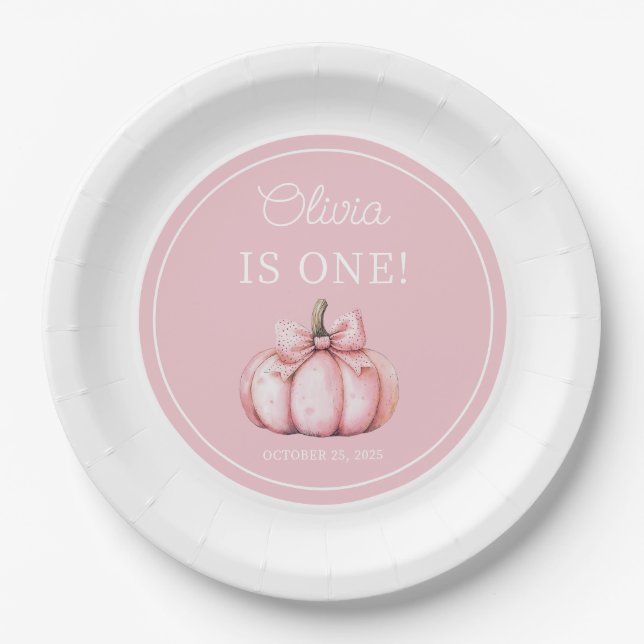 Cute Pink Pumpkin Girl 1st Birthday Paper Plates (Front)