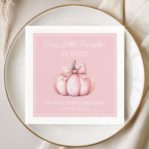 Cute Pink Pumpkin Girl Baby First Birthday Napkins