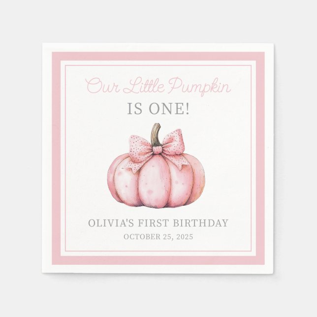 Cute Pink Pumpkin Girl Baby First Birthday Napkins (Front)