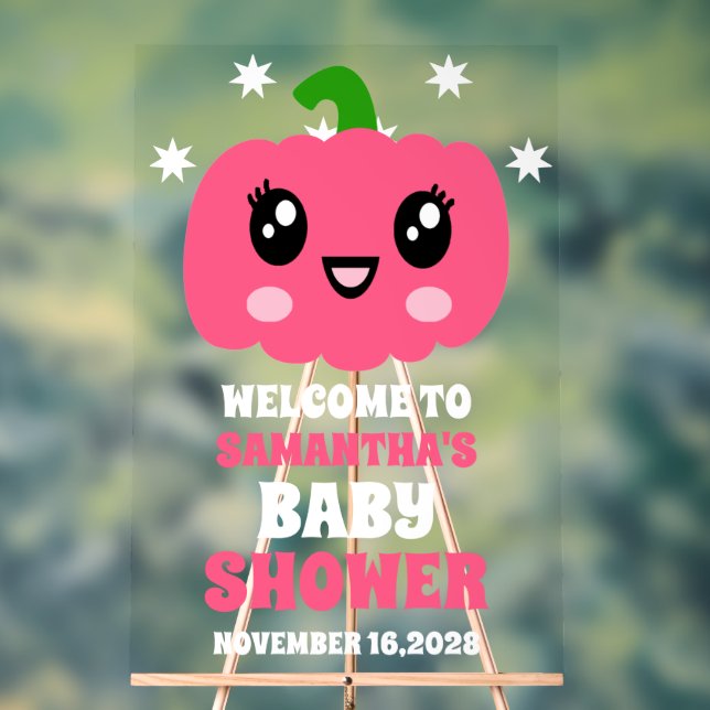 Cute Pink Pumpkin Girl Baby Shower Welcome Acrylic Sign (Neutral)