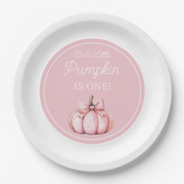 Cute Pink Pumpkin Girl First Birthday Paper Plates (Front)