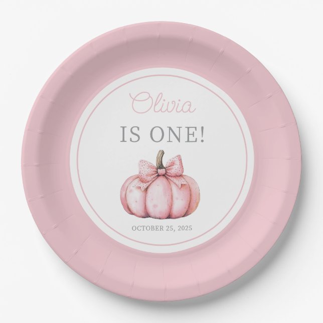 Cute Pink Pumpkin Girl First Birthday Paper Plates (Front)