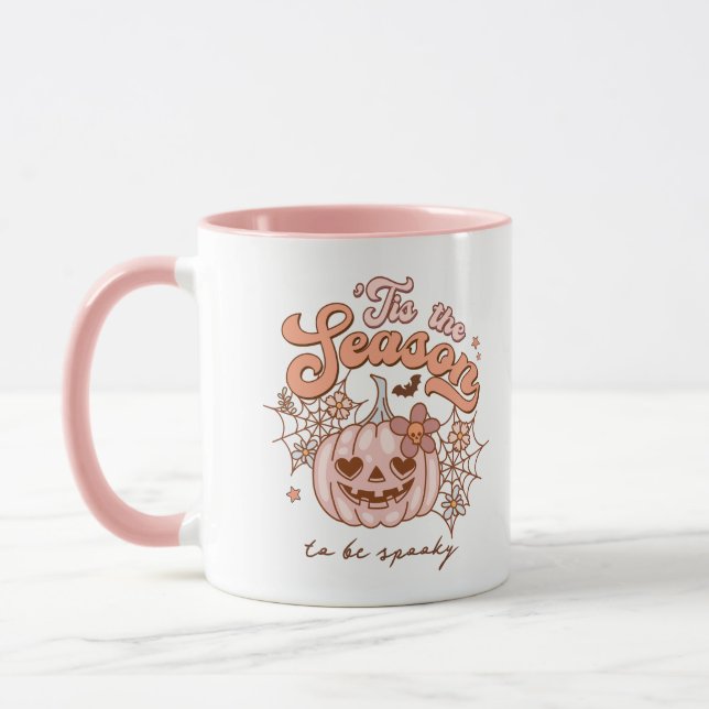 Cute Pink Pumpkin Halloween Retro Name Pink Mug (Left)