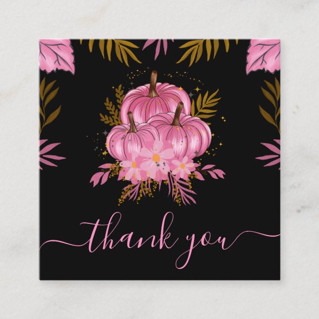 Cute Pink Pumpkin Leaf Fall Thanksgiving Thank You Square Business Card (Front)