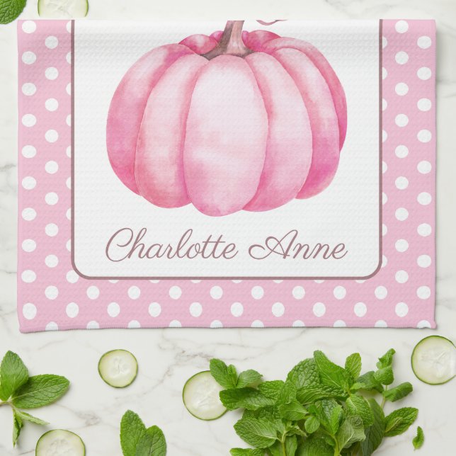 Cute Pink Pumpkin on Polka Dots Personalized Kitchen Towel (Folded)