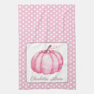 Cute Pink Pumpkin on Polka Dots Personalized Kitchen Towel