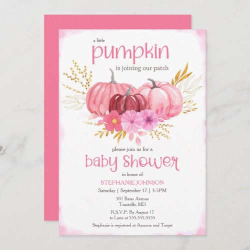 Cute Pink Pumpkin Patch Watercolor Baby Shower  In Invitation