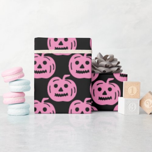 Cute Pink Pumpkin Pattern Halloween Birthday Wrapping Paper