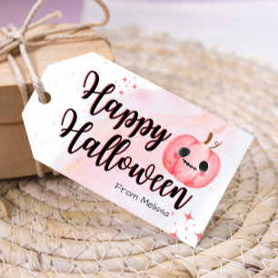 Cute pink pumpkin watercolor trick or treat favor gift tags