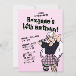 Cute Pink Punk Cartoon Teen Girl 14th Birthday Invitation