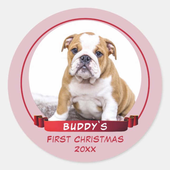 Cute Pink Puppy 1st Christmas Dog Photo Classic Round Sticker (Front)