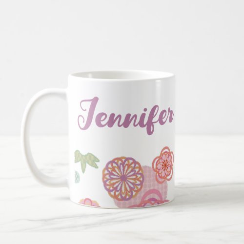 Cute Pink Purple Bloom Flowers With Script Name Coffee Mug