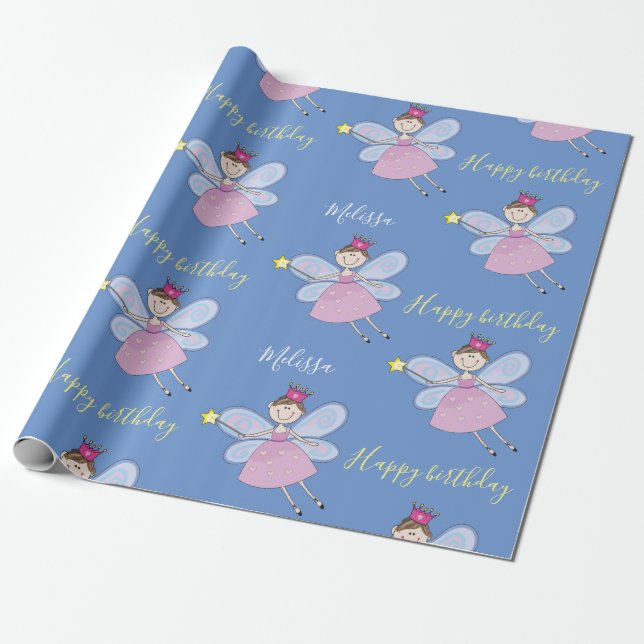 Cute Pink Purple Blue Fairy Birthday Personalized Wrapping Paper (Unrolled)