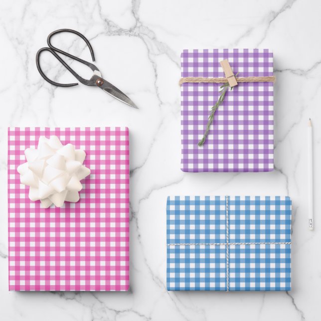 Cute Pink Purple Blue Gingham Pattern Wrapping Paper Sheets (Front)