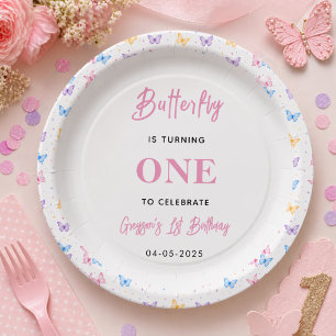 Cute Pink Purple Butterfly 1st Birthday for Girls Paper Plates