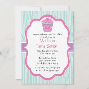 Cute Pink & Purple Cupcake Girl Birthday Party Invitation