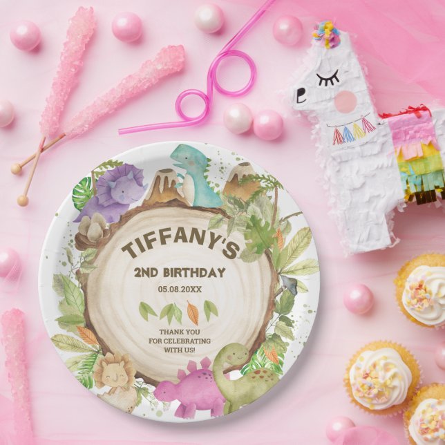 Cute Pink Purple Dinosaurs Jurrasic Girl Birthday  Paper Plates (Party)