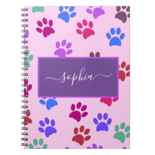 Cute Pink Purple Dog Cat Lovers Paw Prints Name Notebook