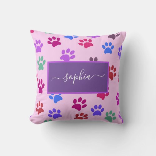 Cute Pink Purple Dog Cat Lovers Paw Prints Name Throw Pillow