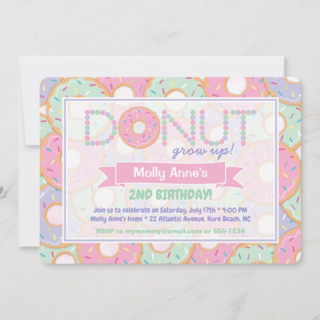 Cute Pink & Purple Donut Grow Up Birthday Invitation (Front)