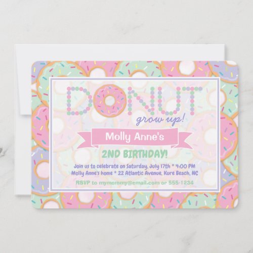 Cute Pink  Purple Donut Grow Up Birthday Invitation