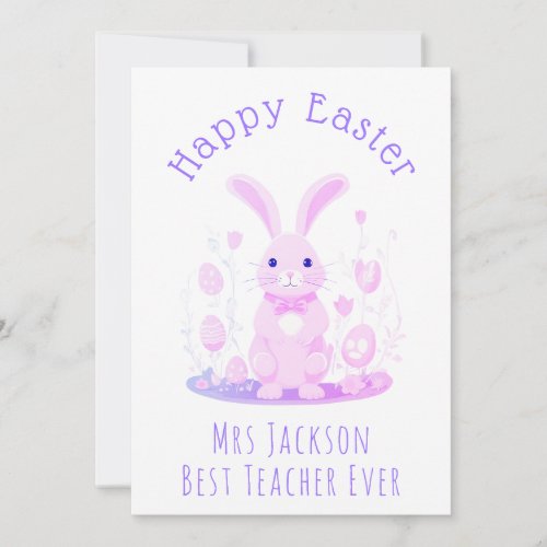 Cute Pink Purple Easter Bunny Preschool Teacher Holiday Card