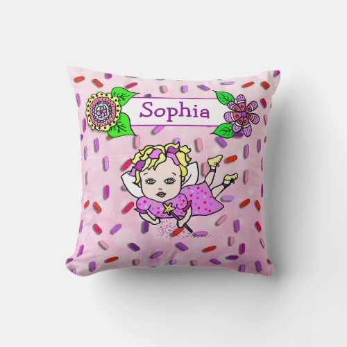 Cute Pink Purple Fairy and Flowers Candy Sprinkles Throw Pillow
